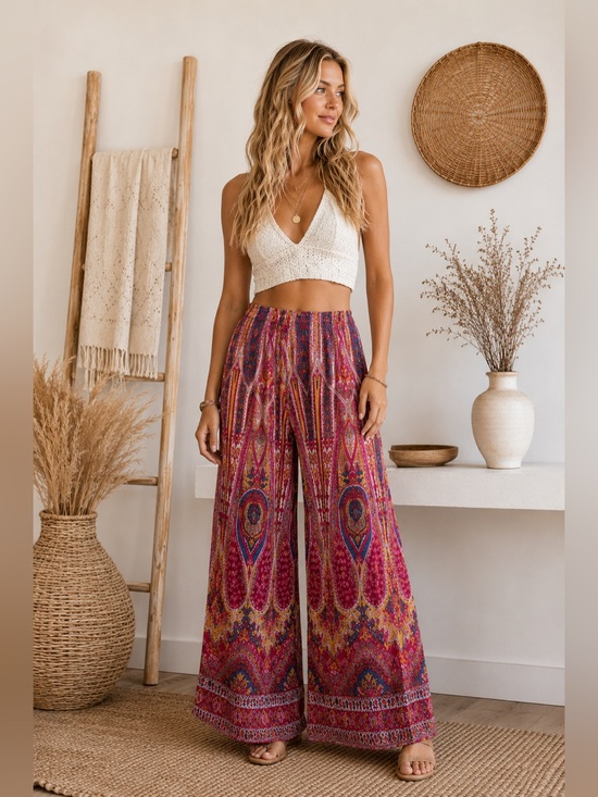 Billabong Pants - Billabong Boho Wide-Leg Printed Pants - Pink and Red